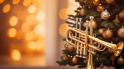 A close up of a trumpet in front of a christmas