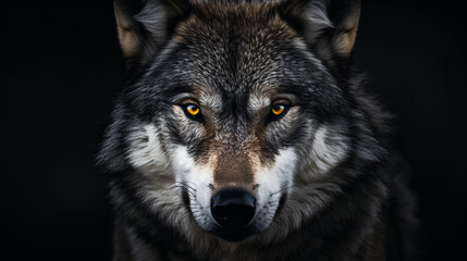 Naklejka na ściany i meble A close up of a wolfs face with an intense look
