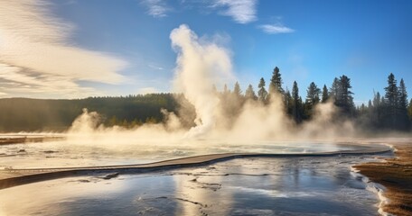 The Enchanting Steam of Geysers Rising in the Morning Light. Generative AI