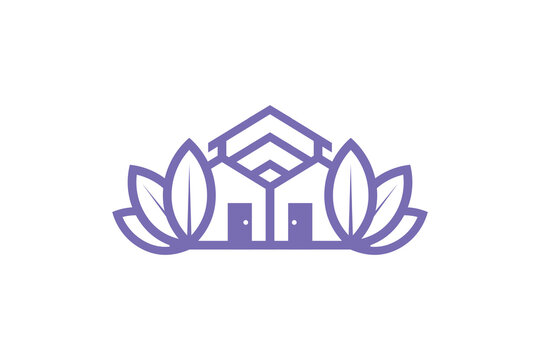 vector logo of line of purple house with roof with plants around it