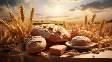 assortment of baked bread on table in front of wheat field at sunset - Powered by Adobe