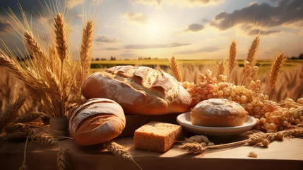 Tuinposter Brood assortment of baked bread on table in front of wheat field at sunset