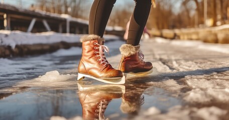 Skating Beginnings - Close-up of woman putting on ice skates on canal. Generative AI