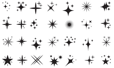 Set of twinkling stars vector.  Shiny sparks icon. Minimalist twinkle star shape symbols. Modern geometric elements, shining star icon set. Twinkling spark and burst  icons set. - obrazy, fototapety, plakaty