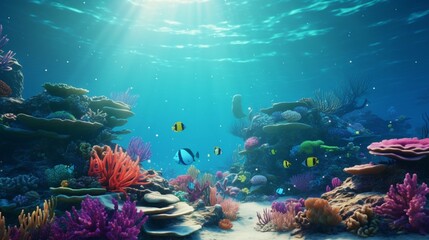 Fototapeta na wymiar A tranquil underwater scene with a Blue Garnet-encrusted coral reef, teeming with vibrant marine life. 4K, high detailed, full ultra HD, High resolution 8K