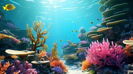 A tranquil underwater scene with a Blue Garnet-encrusted coral reef, teeming with vibrant marine life. 4K, high detailed, full ultra HD, High resolution 8K