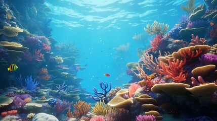 A tranquil underwater scene with a Blue Garnet-encrusted coral reef, teeming with vibrant marine life. 4K, high detailed, full ultra HD, High resolution 8K