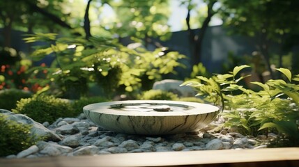 A tranquil Zen garden featuring a Jadeite fountain, surrounded by lush greenery and perfectly raked gravel. 4K, high detailed, full ultra HD, High resolution 8K