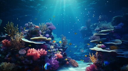 Naklejka na ściany i meble A tranquil underwater scene with a Blue Garnet-encrusted coral reef, teeming with vibrant marine life. 4K, high detailed, full ultra HD, High resolution 8K