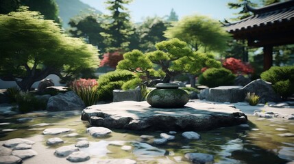 A tranquil Zen garden featuring a Jadeite fountain, surrounded by lush greenery and perfectly raked gravel. 4K, high detailed, full ultra HD, High resolution 8K