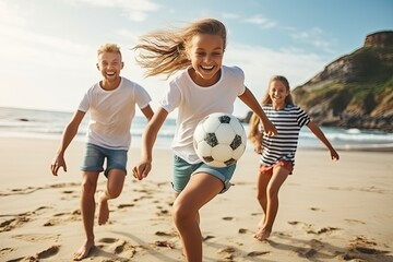 Joyful Children Playing Soccer on a Sunny Beach
