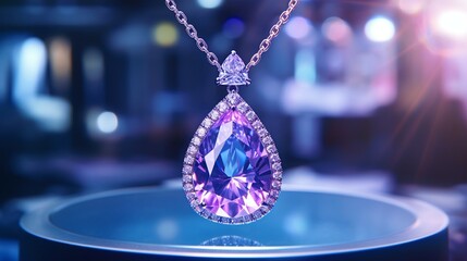 An 8K image of an Alexandrite gemstone in a high-end jewelry store, illuminated by sophisticated spotlights to showcase its color-changing beauty. 4K, high resolution 8K, full ultra HD