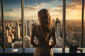 A woman with cascading curls stands by a window, her back to the camera, overlooking a bustling city street as evening light glimmers - obrazy, fototapety, plakaty
