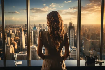 Tuinposter A woman with cascading curls stands by a window, her back to the camera, overlooking a bustling city street as evening light glimmers © sofiko14