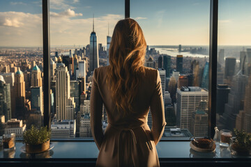 Businesswoman with long, wavy hair stands before a window, overlooking a cityscape bathed in the soft hues of sunset - obrazy, fototapety, plakaty
