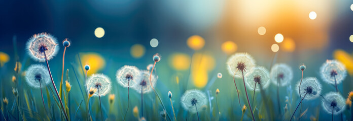 Beautiful dandelion flowers in the meadow at sunset. - Powered by Adobe