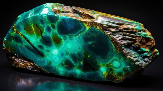 An 8K photo capturing the mesmerizing colors and patterns of a rare, green chrysocolla specimen
