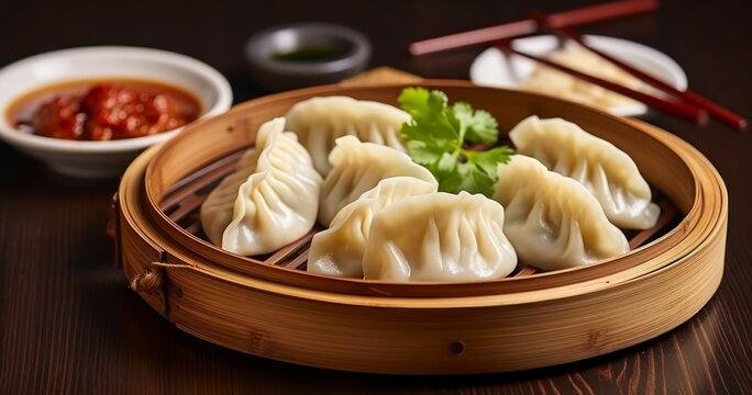 Delectable Steamed Dumplings Elegantly Served on a Wooden Plate. Generative AI