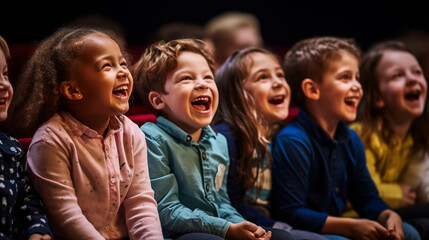 A group of children laughing during a comedic theater performance. - obrazy, fototapety, plakaty