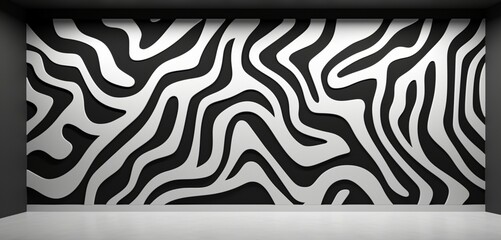 Abstract digital pixel design with a zebra stripe effect in black and white on a 3D wall, showcasing abstract digital pixel design