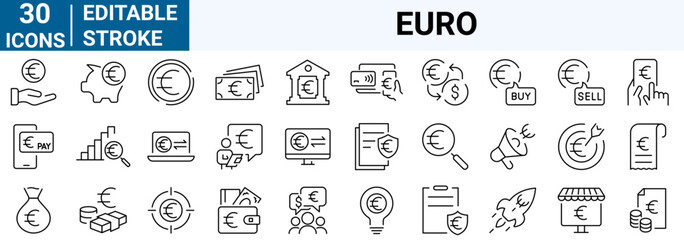 euro line web icons Money and Coins. Piggy Bank, Cash, Credit Cards, target, mutual fund, real estate. Editable stroke.