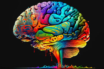 human brain made of colorful ink happiness and mental health - obrazy, fototapety, plakaty