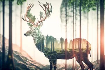 Stof per meter Toilet deer and green forest double exposure. Generative AI