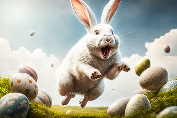 happy Easter bunny jumping with joy with many Easter eggs