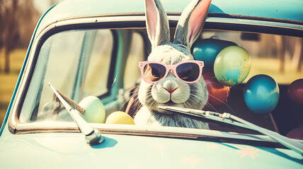easter bunny driving vintage car delivering eggs Generative AI - obrazy, fototapety, plakaty