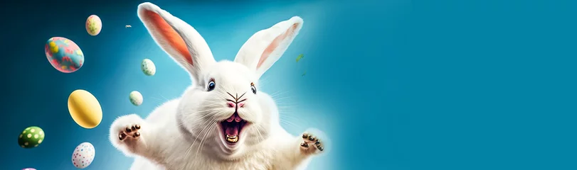 Foto auf Acrylglas happy Easter bunny jumping with joy with many Easter eggs © Melinda Nagy