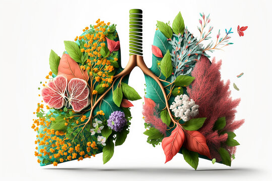 human lungs covered with beautiful flowers, breathing, clear airways