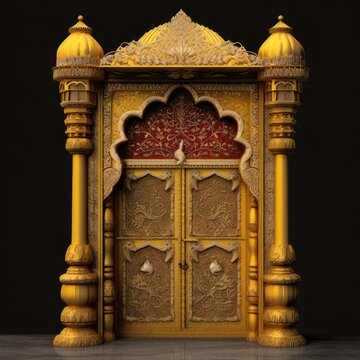 Door Design Indian and Arabic Style Red Golden Yellow Black Background Color LED Wall VJ Created with Generative AI Technology