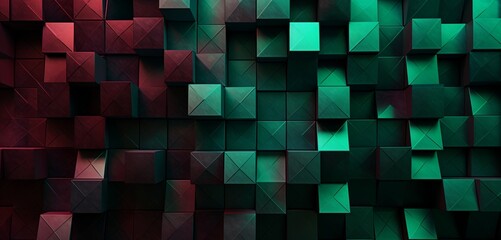 Abstract digital pixel design with a diamond pattern in emerald green and burgundy on a 3D wall texture, representing abstract digital pixel design