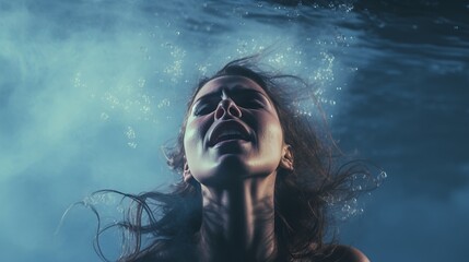Fototapeta premium Woman Underwater In Anguish Distress (Generative AI).