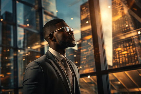 An elegant male figure observes the golden hour over an urban horizon.