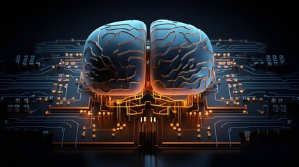 Futuristic Human Brain Chip Implanted On Computer Circuitry Motherboard.  Transhumanism. (Generative AI).