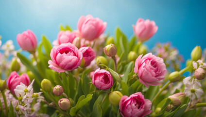 Fototapeta premium Beautiful pink peonies on blue sky background. Spring card