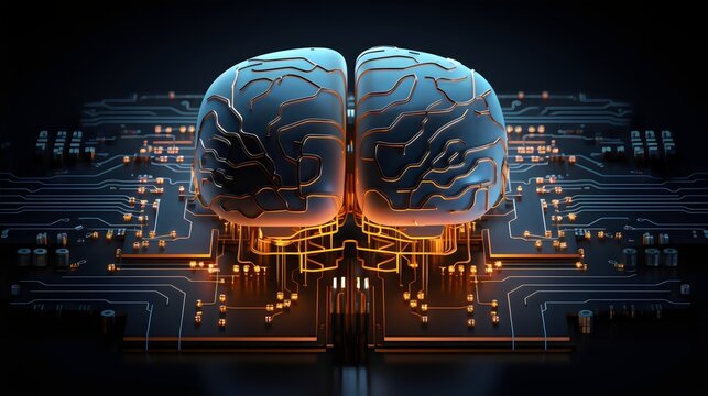 Futuristic Human Brain Chip Implanted On Computer Circuitry Motherboard.  Transhumanism. (Generative AI).