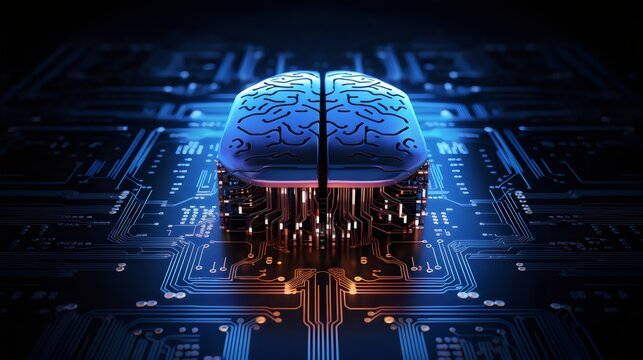 Futuristic Human Brain Chip Implanted On Computer Circuitry Motherboard.  Transhumanism. (Generative AI).