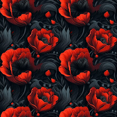 Illustrated Flat Black and Red Flowers Seamless Pattern