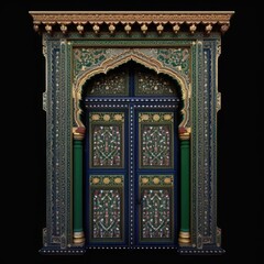 Obraz premium Door Design Indian and Arabic Style Blue Golden Yellow Black Background Color LED Wall VJ Created with Generative AI Technology