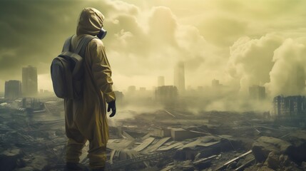 Man In Gas Mask And Hazmat Suit Navigating A World War 3 Post Apocalyptic Nuclear Disaster.  (Generative AI). - obrazy, fototapety, plakaty