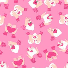 Hands and hearts seamless pattern