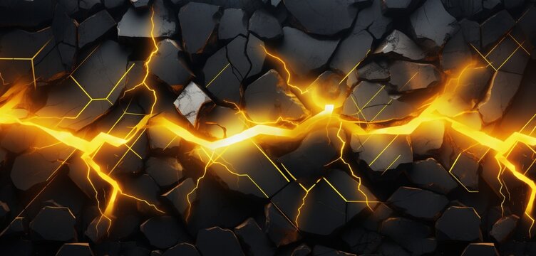 Abstract digital pixel design with a lightning bolt effect in yellow and black on a 3D wall texture, illustrating abstract digital pixel design