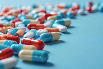 capsule pills and medicine isolated on blue background