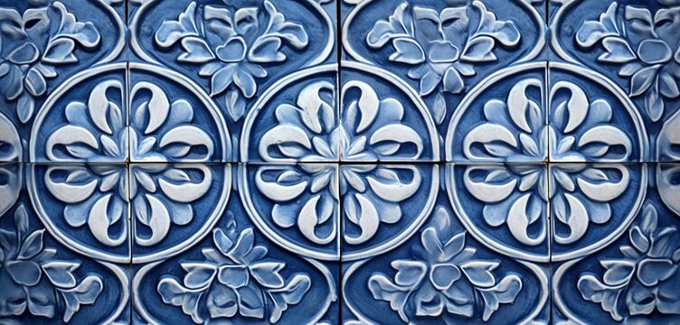A 3D wall texture with a vintage, ornamental tile pattern in Mediterranean blue