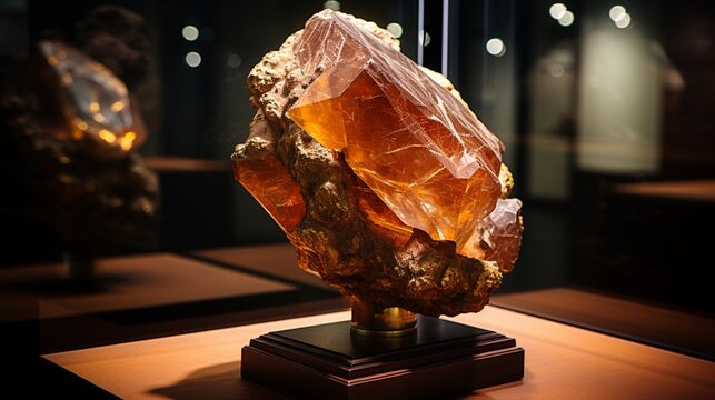 An incredibly detailed 4K image of a Poudretteite specimen in a museum display, showcasing its historical significance and its place in the world of gemstones