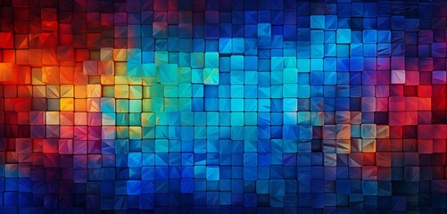Abstract digital pixel design with a stained glass effect in multicolors on a 3D wall texture, typifying abstract digital pixel design