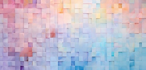 Abstract digital pixel design in a patchwork quilt pattern in pastel colors on a 3D textured wall, illustrating abstract digital pixel design