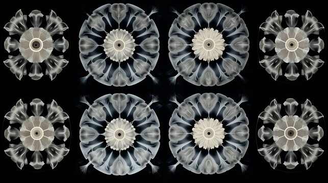 Abstract cymatic formations on black background. Experimental cymatics biomorphic shapes. 
